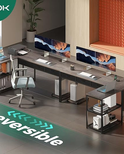 AODK 61 Inch L Shaped Computer Desk with Drawers, Corner Desk with Power Outlets & Reversible Storage Shelves, Movable CPU Stand for Home Office Gaming, Oak Grey - LeafyLoom