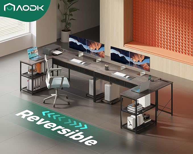 AODK 61 Inch L Shaped Computer Desk with Drawers, Corner Desk with Power Outlets & Reversible Storage Shelves, Movable CPU Stand for Home Office Gaming, Oak Grey - LeafyLoom