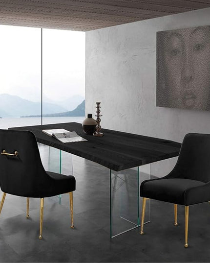 Meridian Furniture Owen Collection Modern | Contemporary Velvet Upholstered Dining Chair with Polished Gold Legs, Set of 2, 24" W x 21" D x 34.5" H, Black - LeafyLoom