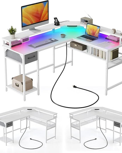 CubiCubi L Shaped Gaming Desk with LED Lights and Power Outlets, 58" Reversible Corner Computer Desk with Storage Shelves and Drawer, Home Office Desk with Monitor Stand, White - LeafyLoom
