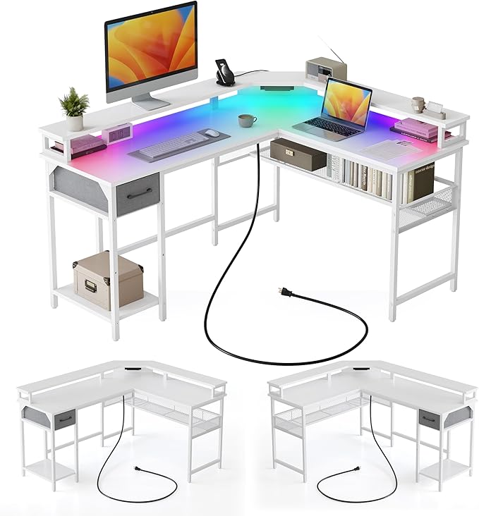 CubiCubi L Shaped Gaming Desk with LED Lights and Power Outlets, 58" Reversible Corner Computer Desk with Storage Shelves and Drawer, Home Office Desk with Monitor Stand, White - LeafyLoom