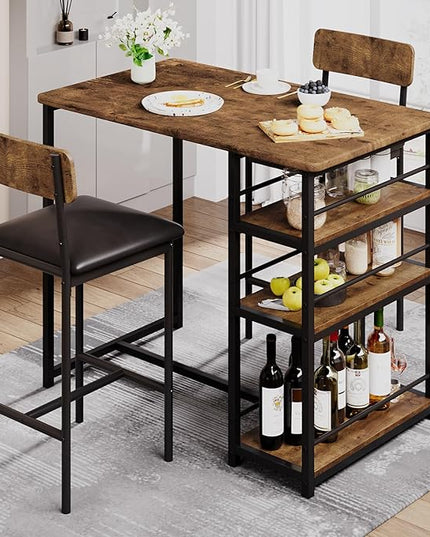 Dining Table Set for 2, Kitchen Table and Upholstered Chairs for 2, 3 Piece Counter Height Bar Table Set with 3 Large Storage Shelves for Small Space, Apartment, Studio, Rustic Brown - LeafyLoom