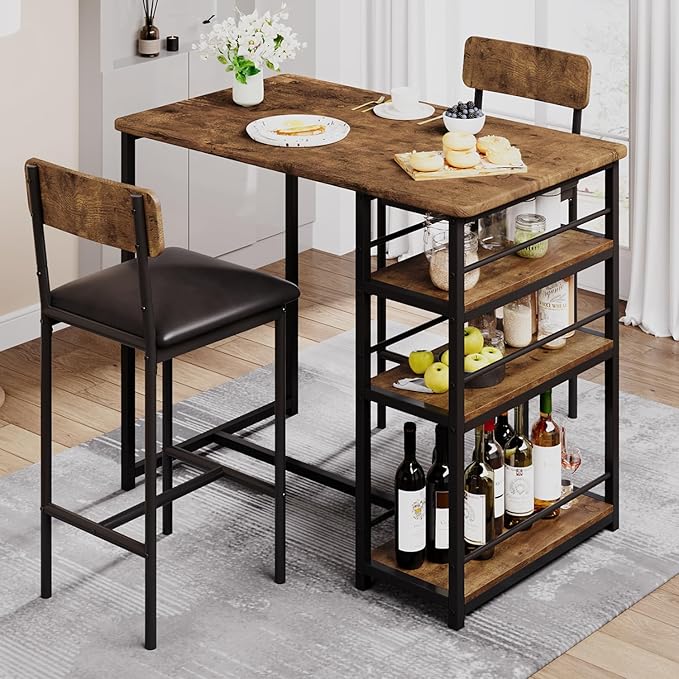 Dining Table Set for 2, Kitchen Table and Upholstered Chairs for 2, 3 Piece Counter Height Bar Table Set with 3 Large Storage Shelves for Small Space, Apartment, Studio, Rustic Brown - LeafyLoom