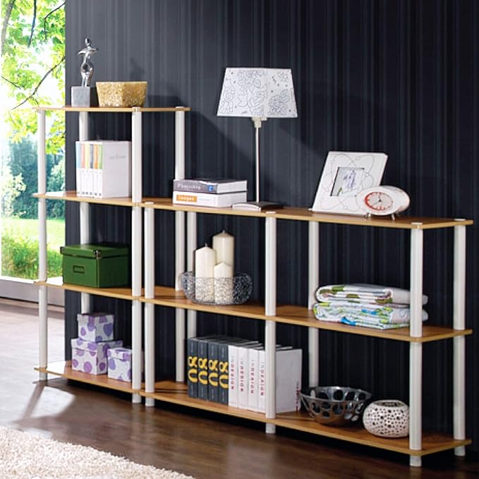 Furinno Turn-N-Tube 4-Tier Multipurpose Shelf Display Rack, Round Tubes, Blonde Maple/White - LeafyLoom
