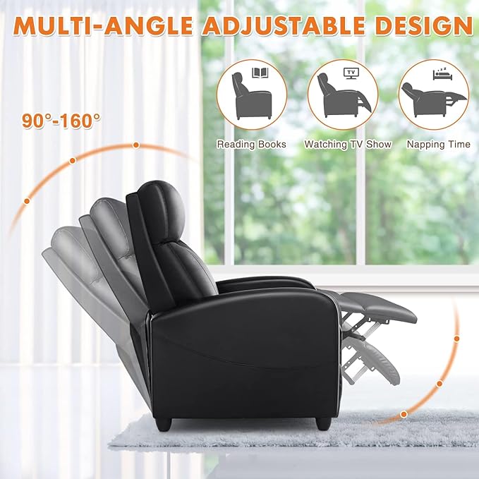Sweetcrispy Recliner Chair for Adults, Massage PU Leather Small Recliner Home Theater Seating with Lumbar Support, Modern Reclining Chair with Padded Seat Backrest, Living Room, Black - LeafyLoom