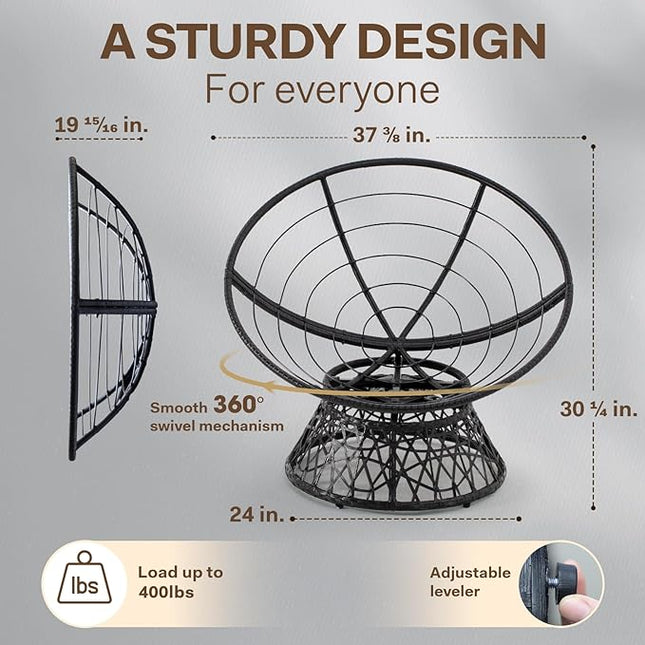 Bme 40" Ergonomic Wicker Papasan Chair with Soft Thick Density Fabric Cushion, High Capacity Steel Frame, 360 Degree Swivel for Living, Bedroom, Reading Room, Lounge, Smoky Quartz - Black Base - LeafyLoom