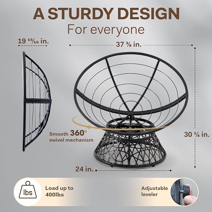 Bme 40" Ergonomic Wicker Papasan Chair with Soft Thick Density Fabric Cushion, High Capacity Steel Frame, 360 Degree Swivel for Living, Bedroom, Reading Room, Lounge, Smoky Quartz - Black Base - LeafyLoom