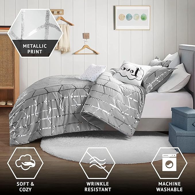 Intelligent Design Raina Full / Queen Comforter Set, Soft Microfiber Comforter Set Queen, Modern Geometric Metallic Bed Set, 5 Pieces College Bedding Comforter Set with 2 Shams, 2 Toss Pillows Grey - LeafyLoom