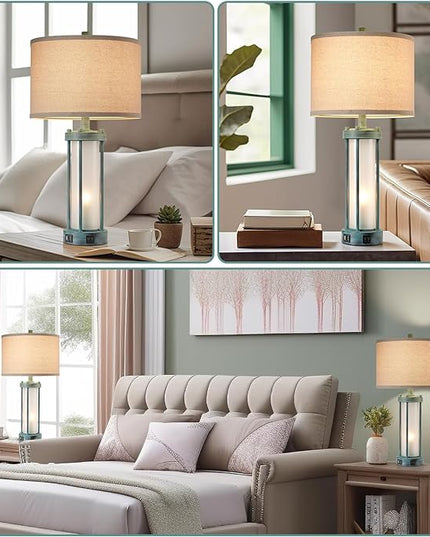Set of 2 Rustic Table Lamps for Living Room with 2 USB Ports, Farmhouse Vintage Nightstand Lamp with White Glass Nightlight, Retro Desk Lamps for Bedroom End Table (Retro Green) - LeafyLoom