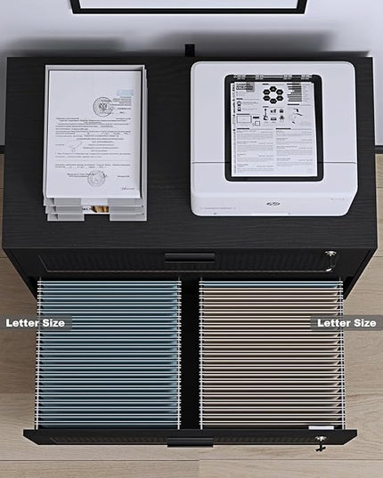 2 Drawer File Cabinet, Lateral File Cabinet with Lock, Rattan Wood Filing Organization Cabinet for Home Office, Black - LeafyLoom