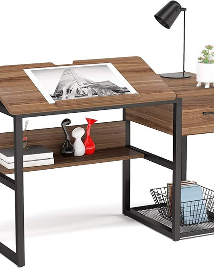 Tribesigns Drafting Table with Storage Drawers, Drawing Computer Desk Artist Craft Table Painting Desk Workstation with Shelves and Tiltable Tabletop for Students, Home Office - LeafyLoom