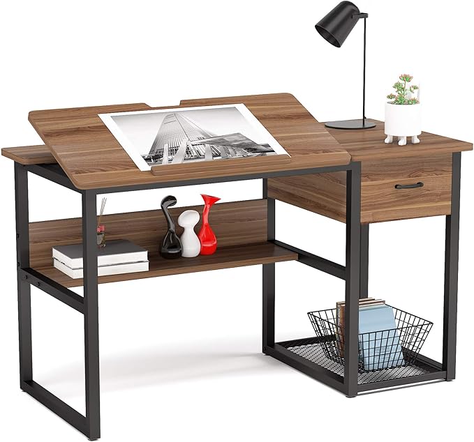 Tribesigns Drafting Table with Storage Drawers, Drawing Computer Desk Artist Craft Table Painting Desk Workstation with Shelves and Tiltable Tabletop for Students, Home Office - LeafyLoom