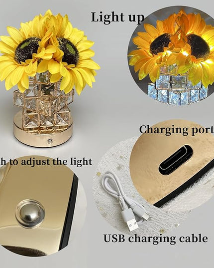 Sunflowers Lamp Touch Lam Artificial LED Sunflower Flowers with Glass Vase Table Lamp Night Light for Home Office Decor House Decorations Gift Idea - Rechargeable (Crystal Magic Cube Sunflower) - LeafyLoom