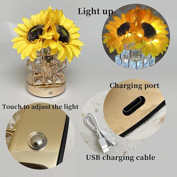 Sunflowers Lamp Touch Lam Artificial LED Sunflower Flowers with Glass Vase Table Lamp Night Light for Home Office Decor House Decorations Gift Idea - Rechargeable (Crystal Magic Cube Sunflower) - LeafyLoom