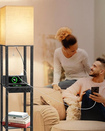 Dott Arts 【Upgraded】 Floor Lamp with Shelves,Shelf Floor Lamps for Living Room with Wireless Charger - LeafyLoom