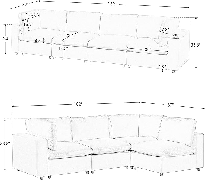 Free Combination Convertible Modular Sectional Sofa, 4 Seater Upholstered Sleeper Corner Couch with USB Charge Ports & Wireless Charging & Speaker,Deep-Seat Sofabed for Living Room Office - LeafyLoom
