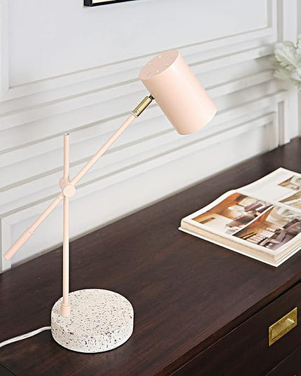 Globe Electric 30292 18" Desk/Table Lamp, Matte Pink, Matte Brass Accent, Terrazzo Base, Adjustable Height, Balance Arm, in-Line Rocker On/Off Switch, Adjustable Lamp, Home Office Accessories - LeafyLoom