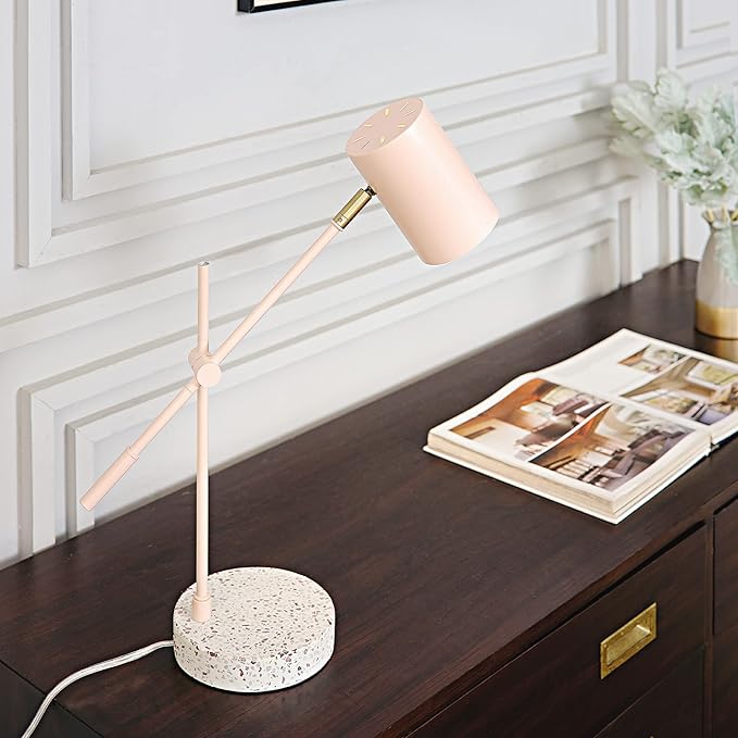Globe Electric 30292 18" Desk/Table Lamp, Matte Pink, Matte Brass Accent, Terrazzo Base, Adjustable Height, Balance Arm, in-Line Rocker On/Off Switch, Adjustable Lamp, Home Office Accessories - LeafyLoom