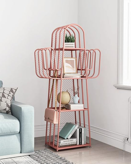 DOORXIF 4-Tier Ladder Pink Bookshelves Freestanding, Cactus Bookcase Storage Organizer Closet Corner Metal Display Cabinet, Corner Pink Bookshelf for Small Spaces, Pink Bookcase for Bedroom Office - LeafyLoom