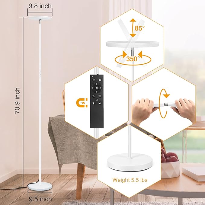 OUTON Floor Lamp, 30W/3000LM LED Modern Torchiere Sky Lamp, Bright Dimmable Standing Tall Lamp with 4 Color Temperatures, Remote Touch Control, 1 Hour Timer for Living Room Bedroom Office, White - LeafyLoom