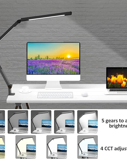 LED Desk Lamp with Clamp, Architect Desk Lamp for Home Office with Remote Control, Swing Arm Clamp on Desk Light, Clip-on Eye-Care Adjustable 5 Brightness Levels Table Light for Working Drafting - LeafyLoom