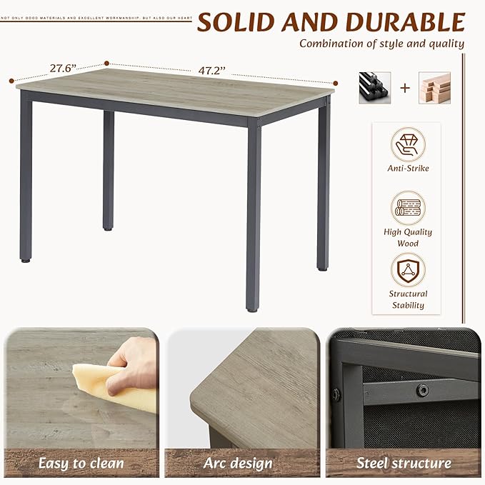 Dining Table Set for 4, 5-Piece Set Industrial Metal Wood 43.3" Kitchen Dining Table with 4 Dining Chairs, Indoor Modern Furniture Set for Dining Room, Dinette, Breakfast Nook, Grey - LeafyLoom