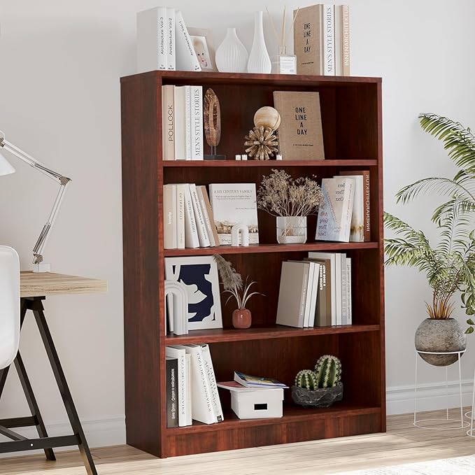 Farini 4 Shelf boockase Display Bookcase Freestanding Wooden Bookshelves for Home Office Living Room,48 Inch Height，Cherry - LeafyLoom