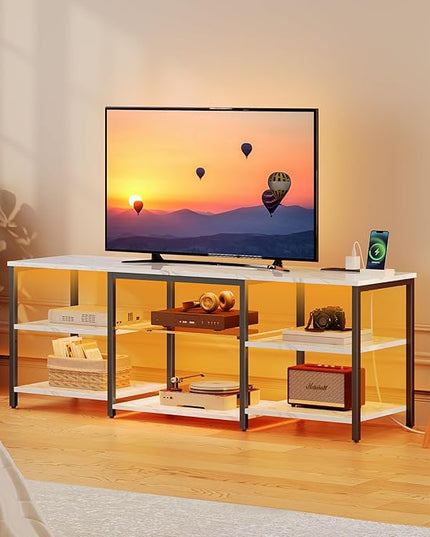 HOOBRO LED TV Stand for 65 Inch TVs with Charging Station, Gaming Entertainment Center with 3-Tier Open Storage, Long Media TV Console Table, TV Stand for Living Room, Bedroom, Marble White BM20UDDS01 - LeafyLoom