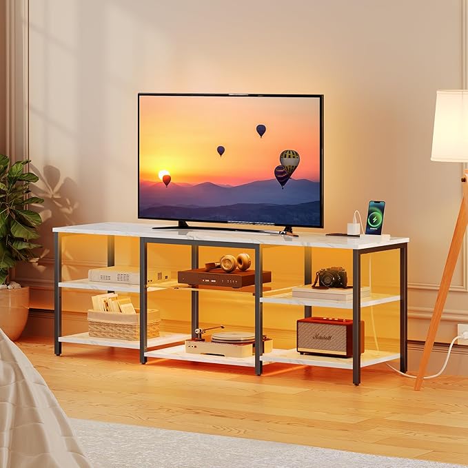 HOOBRO LED TV Stand for 65 Inch TVs with Charging Station, Gaming Entertainment Center with 3-Tier Open Storage, Long Media TV Console Table, TV Stand for Living Room, Bedroom, Marble White BM20UDDS01 - LeafyLoom