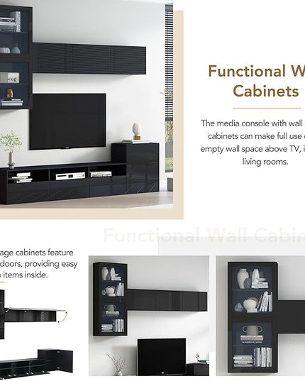 Merax High Gloss TV Stand with Wall Mounted Floating Storage Cabinets, Media Console for Television Up to 75" Versatile Entertainment Center, for Living Room, 93 inch Length, Black - LeafyLoom