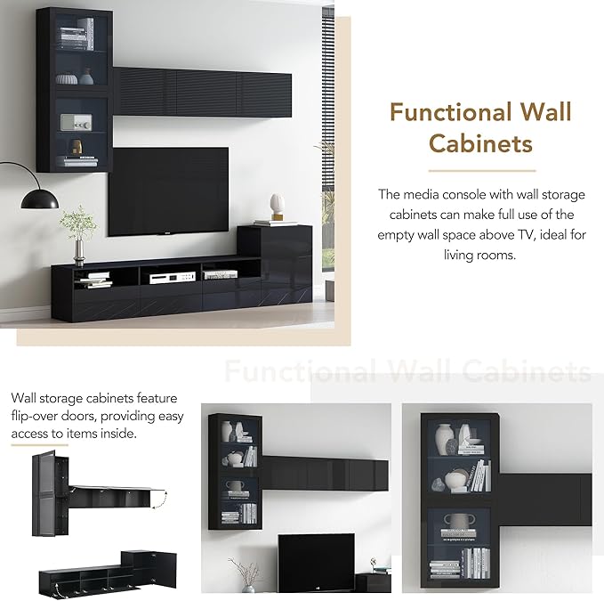 Merax High Gloss TV Stand with Wall Mounted Floating Storage Cabinets, Media Console for Television Up to 75" Versatile Entertainment Center, for Living Room, 93 inch Length, Black - LeafyLoom