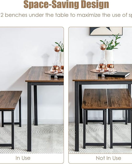 KOTEK Dining Table Set for 4, Modern Kitchen Table Set with 2 Benches, 3 Piece Dining Table and Bench Set for Small Space, 4-Person Dinette Set for Kitchen, Dining Room (Brown) - LeafyLoom