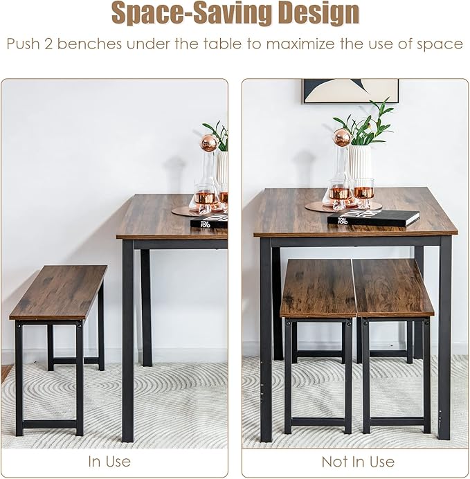 KOTEK Dining Table Set for 4, Modern Kitchen Table Set with 2 Benches, 3 Piece Dining Table and Bench Set for Small Space, 4-Person Dinette Set for Kitchen, Dining Room (Brown) - LeafyLoom