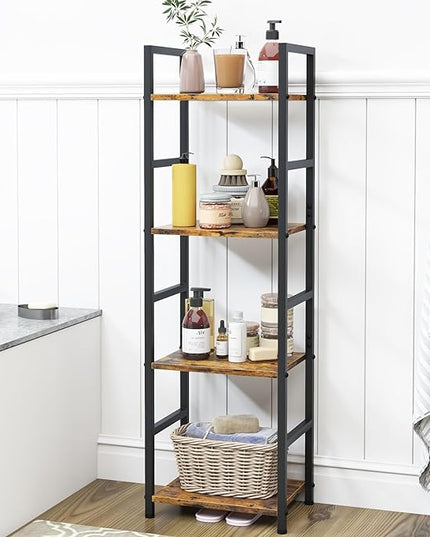 4 Tier Bookshelf, Small Book Shelf Industrial Bookcase, Metal Narrow Book Case Book Storage Organizer,Bookshelves for Bedroom Office Living Room(4 Tier,Rustic Brown) - LeafyLoom