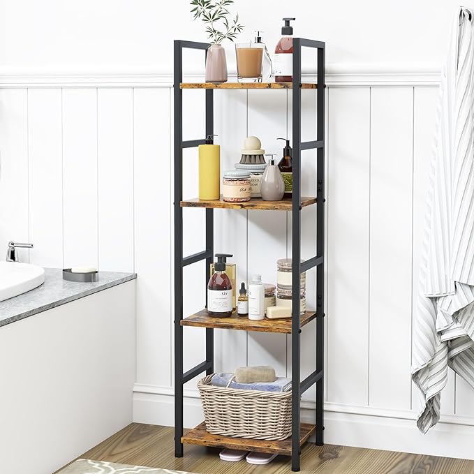 4 Tier Bookshelf, Small Book Shelf Industrial Bookcase, Metal Narrow Book Case Book Storage Organizer,Bookshelves for Bedroom Office Living Room(4 Tier,Rustic Brown) - LeafyLoom