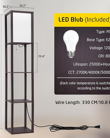 Floor Lamp with Shelves, Shelf Floor Lamp for Bedroom, Modern Standing Shelf Floor Lamp for Living Room Office with 3 CCT LED Bulb - Walnut. - LeafyLoom