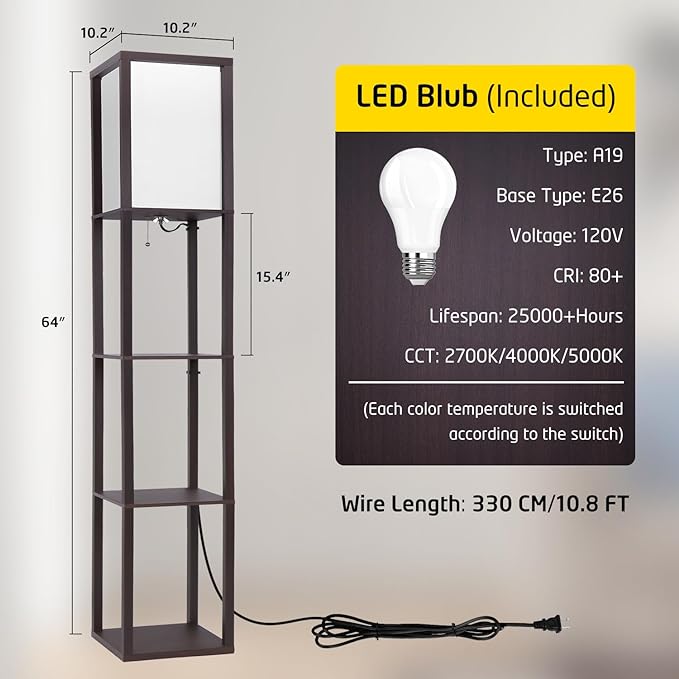 Floor Lamp with Shelves, Shelf Floor Lamp for Bedroom, Modern Standing Shelf Floor Lamp for Living Room Office with 3 CCT LED Bulb - Walnut. - LeafyLoom