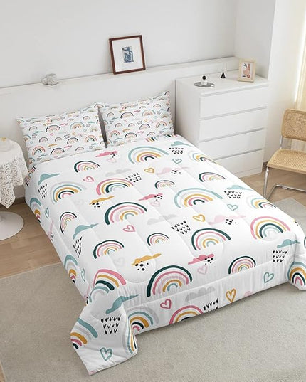 Erosebridal Rainbow Bedding Set for Kids Girls, Pink Love Heart Comforter Set Full Size Cartoon Cloud Geometric Stripes Bedding Comforter for Boys Children Women Watercolor Art Girly Duvet Sets - LeafyLoom