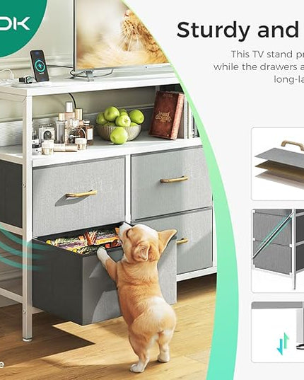 AODK Dresser with Charging Station, 52-Inch Long Dresser for Bedroom with 7 Large Fabric Drawers, Entertainment Center with Open Shelves for 55-Inch TV for Living Room, White and Light Grey - LeafyLoom