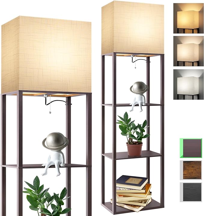 RUNTOP Plus - Floor Lamp with Shelves, Wide Shelf Lamp, Shelf Floor Lamp with 15W LED Bulb, 3 Colors Temperature, Memory Function, Large Display Storage, Standing Lamps for Living Room, Bedroom, Wood - LeafyLoom