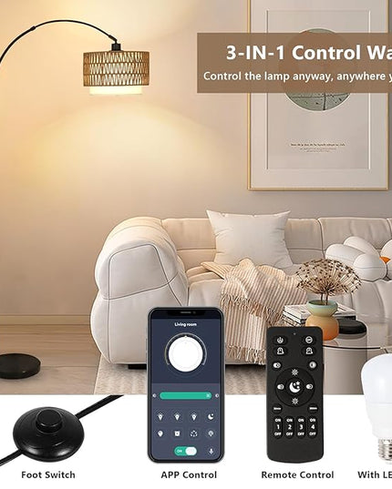 Arc Floor Lamp with Remote, Modern LED Floor Lamp with Dimmable Bulb, Boho Farmhouse Standing lamp with Fabric & Rattan Lampshades, Height Adjustable Black Tall Lamp for Living Room Bedroom - LeafyLoom