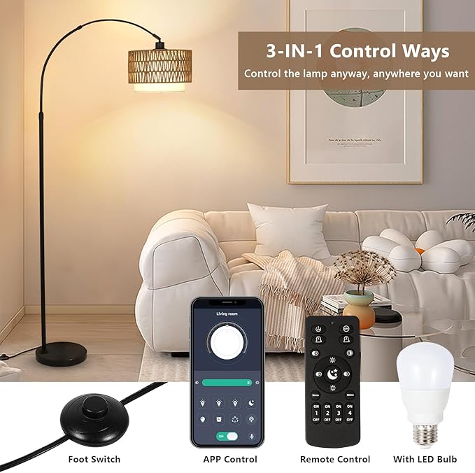 Arc Floor Lamp with Remote, Modern LED Floor Lamp with Dimmable Bulb, Boho Farmhouse Standing lamp with Fabric & Rattan Lampshades, Height Adjustable Black Tall Lamp for Living Room Bedroom - LeafyLoom