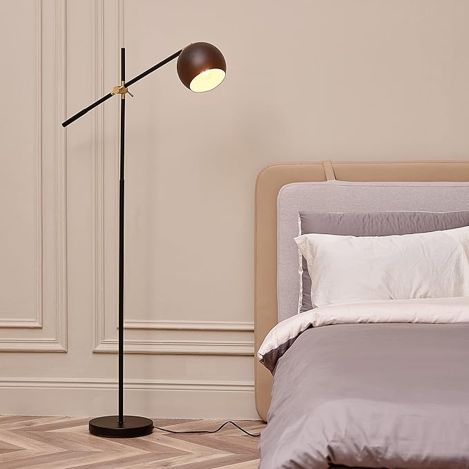 Globe Electric 65911 60" Floor Lamp, Matte Black, Brass Pivot, Matte Black Shade, in-Line On/Off Foot Switch - LeafyLoom