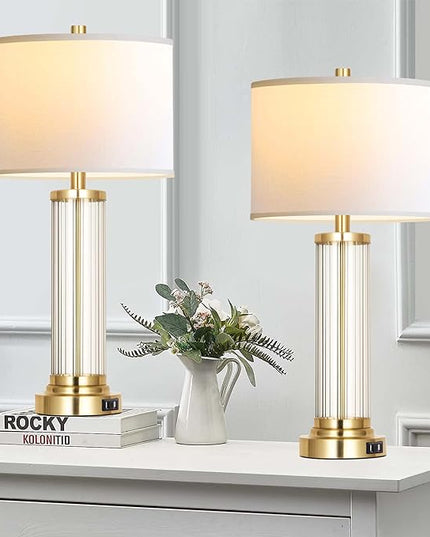 QiMH Touch Control Table Lamp Set of 2 with USB Ports, 3-Way Dimmable Nightstand Lamp with Fabric Cream Shade, Modern Bedside Lamp for Living Room Bedroom Reading, LED Bulbs Included - LeafyLoom