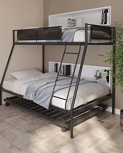 Twin over Full Metal Bunk Bed with Trundle,Sturdy-Metal Bed-Frame,Noise-Free Wood Slats,Comfortable Textilene Guardrail,Space-saving Trundle,Bunk-Bed for Three,No Box Spring Needed,Black - LeafyLoom