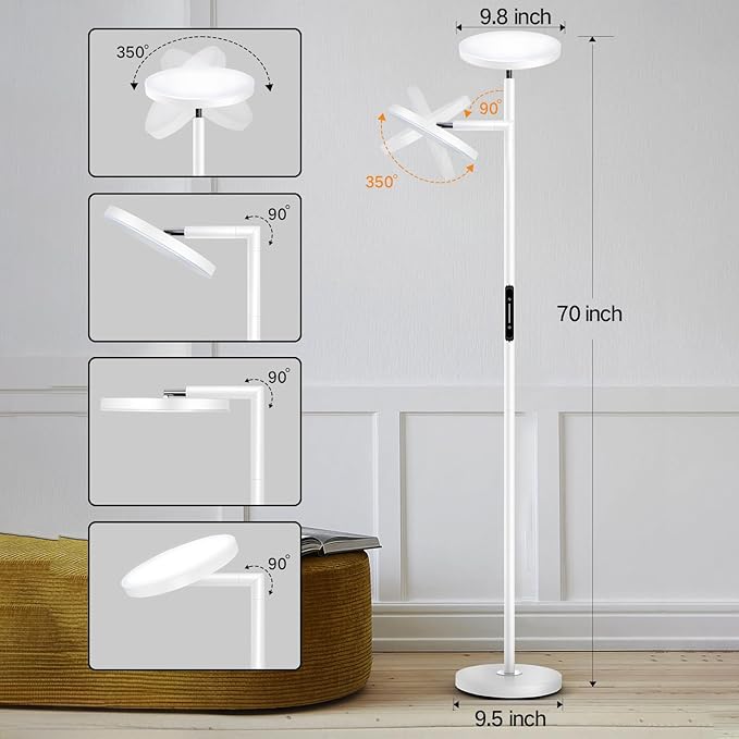 OUTON LED Torchiere Floor Lamp, Bright Dimmable Standing Lamp with Remote Touch Control, 4 Color Temperature, Memory Function, Timer for Living Room, Bedroom Office (Pearl White) - LeafyLoom