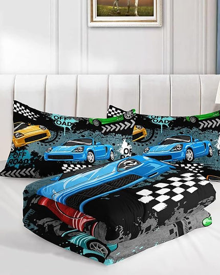 Axolotl Car Comforter Set Full Size,Cool Speed Race Car Comforter for Kids Boys Girls Teens Bedroom,Extreme Sport Quilt Duvet 1 Comforter 2 Pillowcase Car Racing Gifts,Blue Red Orange - LeafyLoom