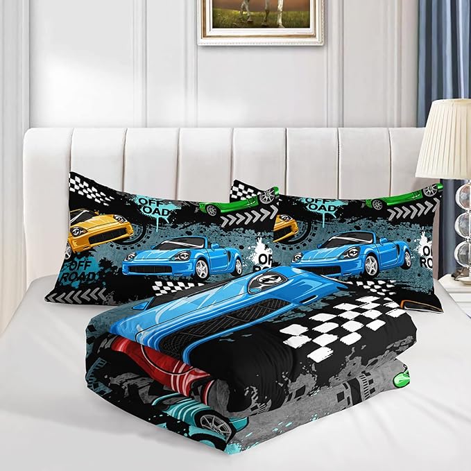 Axolotl Car Comforter Set Full Size,Cool Speed Race Car Comforter for Kids Boys Girls Teens Bedroom,Extreme Sport Quilt Duvet 1 Comforter 2 Pillowcase Car Racing Gifts,Blue Red Orange - LeafyLoom
