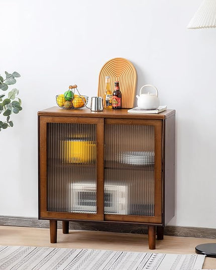 Tiita Bamboo Sideboard Buffet Cabinet, Rattan Kitchen Storage Cabinet, Boho Coffee Bar Tables for Kitchen Living Room Hallway Office, Walnut - LeafyLoom