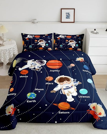 Feelyou Solar System Comforter Set King Size Outer Space Comforter for Kids Teens Adults Universe Planets Bedding Set Cute Astronaut Blue Duvet Set Room Decor 3Pcs with 2 Pillow Case - LeafyLoom